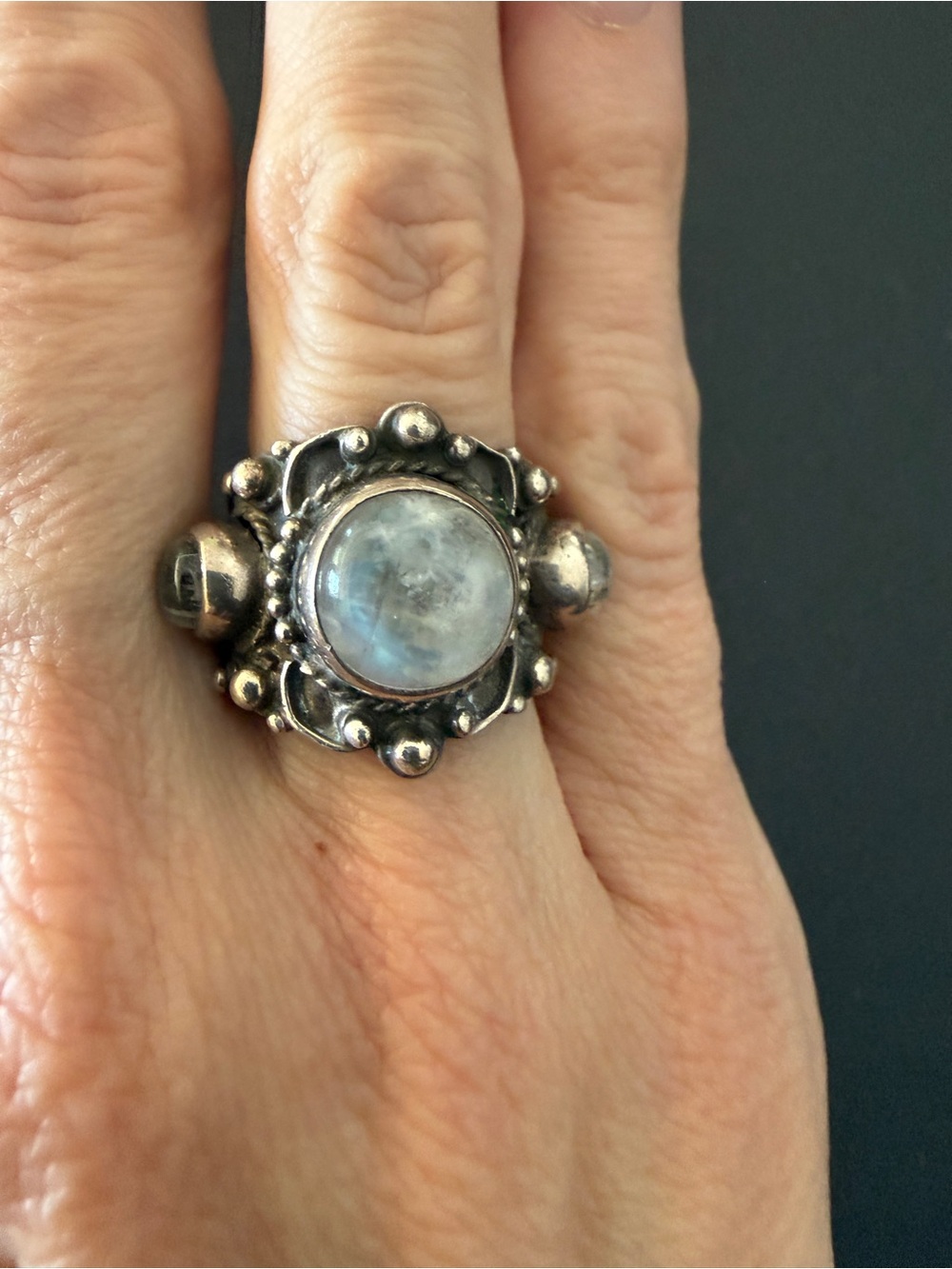 Vintage Moonstone Ring W/ Blue Flash Handmade Statement, Size 7.75, Gothic Style